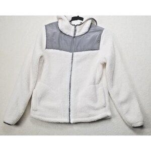 So women's M white fleece jacket with‎ gray accents full zip hoodie soft